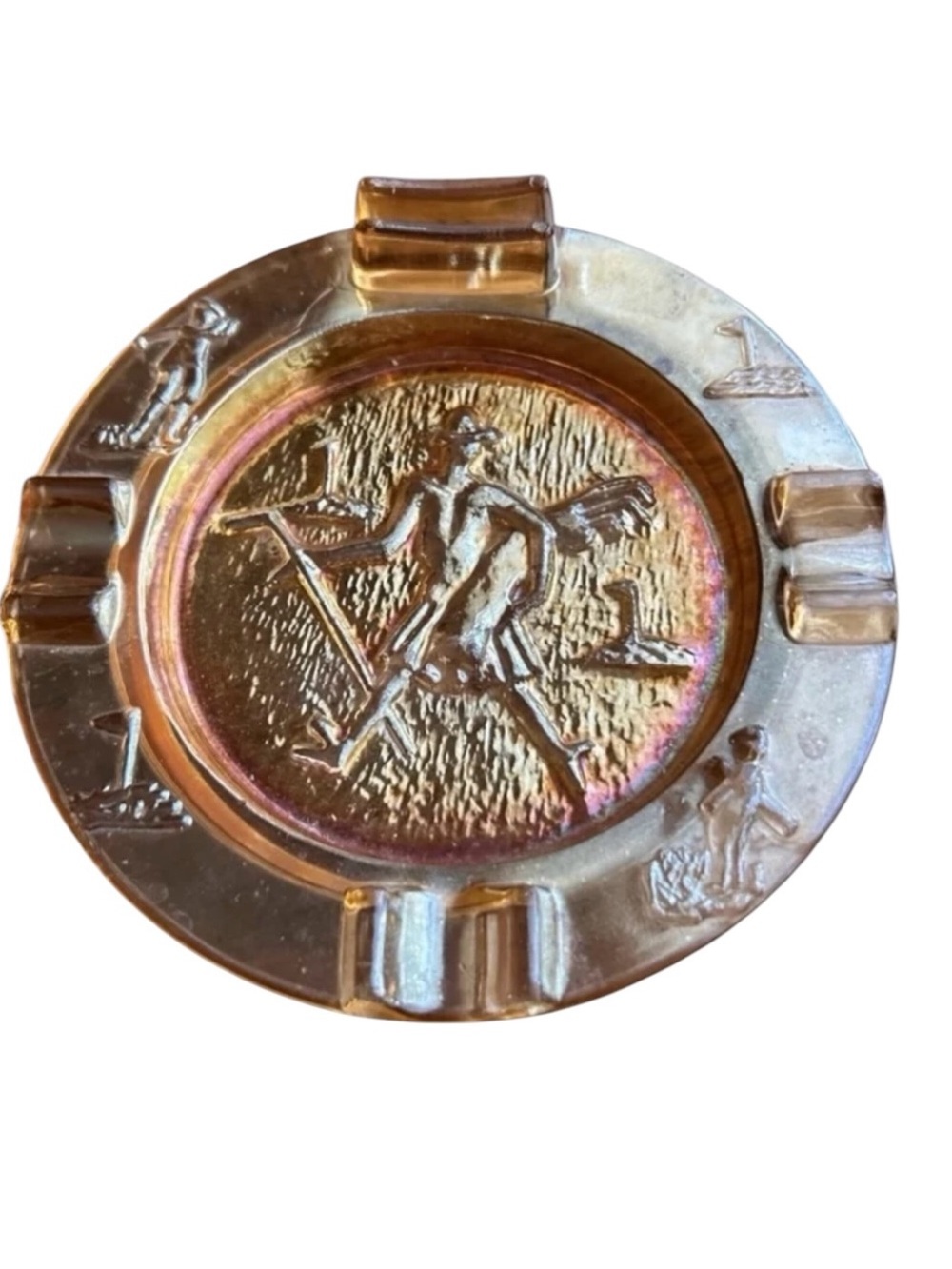 vintage Dugan or Imperial Marigold carnival glass ashtray polo player